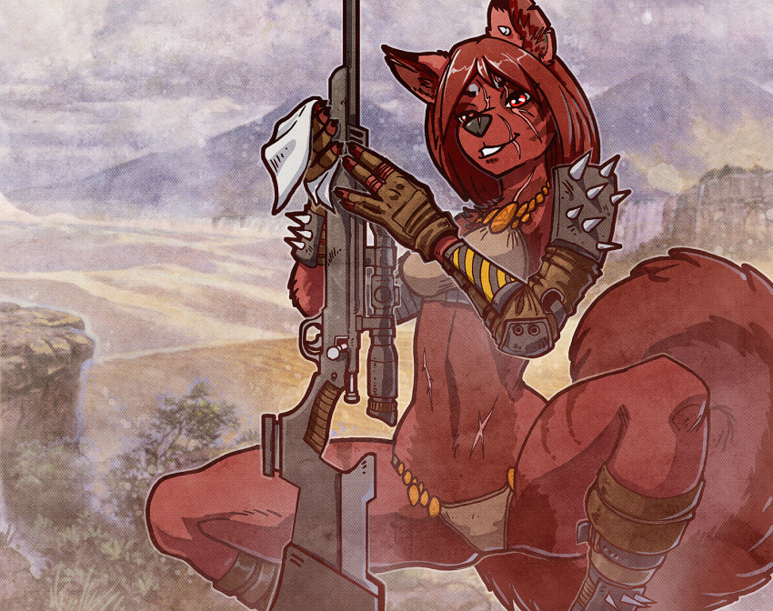 2020 akita anthro armor armwear ashpond black_nose boots breasts canid canine canis claws cleaning_weapon clothed clothing crouching detailed_background digital_media_(artwork) domestic_dog ear_piercing facial_scar female finger_claws footwear front_view gloves gun handwear holding_object holding_weapon mammal nose_scar notched_ear panties partially_clothed pauldron phoenyx_(zotz) piercing post-apocalyptic ranged_weapon red_eyes rifle scar scope shoulder_pads sniper_rifle solo spiked_shoulder_pads spikes spitz underwear weapon