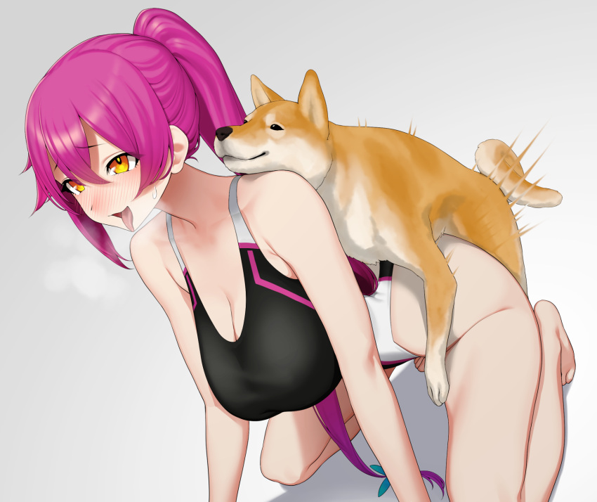 all_fours bestiality blush breasts breath brown_fur cleavage commission dog gishu heavy_breathing highres kneeling large_breasts looking_at_viewer multicolored_fur new_(lk) one-piece_swimsuit open_mouth orange_eyes original pink_hair ponytail skeb_commission smile sweat swimsuit tongue tongue_out white_fur