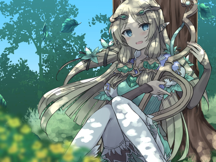 1girl blonde_hair blue_eyes blunt_ends blush breasts commentary_request day elf feet_out_of_frame flower forest grass hair_flower hair_ornament harp highres holding holding_harp holding_instrument instrument knees_up leaf long_hair long_sleeves looking_at_viewer margaret_(rune_factory) medium_breasts music nature open_mouth outdoors pantyhose playing_instrument pointy_ears puffy_sleeves rune_factory rune_factory_4 sitting smile solo tiara tree very_long_hair white_pantyhose zyoto24