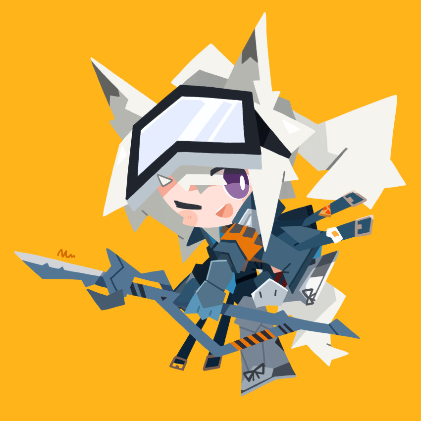 1girl :d absurdres animal_ears arknights blue_jacket blush chibi commentary full_body goggles goggles_on_head grani_(arknights) grey_hair highres holding holding_polearm holding_weapon jacket nuu_(nu-nyu) one_eye_closed open_mouth orange_background polearm purple_eyes simple_background smile solo squirrel_ears squirrel_girl squirrel_tail tail teeth thick_eyebrows upper_teeth_only weapon