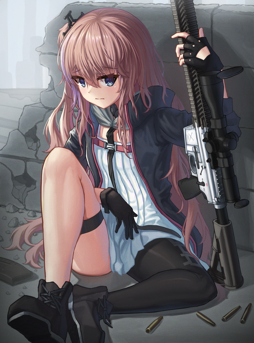 1girl absurdres ar-15 black_footwear black_gloves black_jacket black_pantyhose blue_eyes brick_wall brown_hair bullet closed_mouth commentary_request dress girls'_frontline gloves gun hair_between_eyes highres holding holding_gun holding_weapon jacket long_hair looking_at_viewer magazine_(weapon) name_connection object_namesake one_side_up open_clothes open_jacket pantyhose rifle shoes single_leg_pantyhose skindentation solo st_ar-15_(girls'_frontline) stratosphere_(coom1017) thigh_strap very_long_hair weapon white_dress