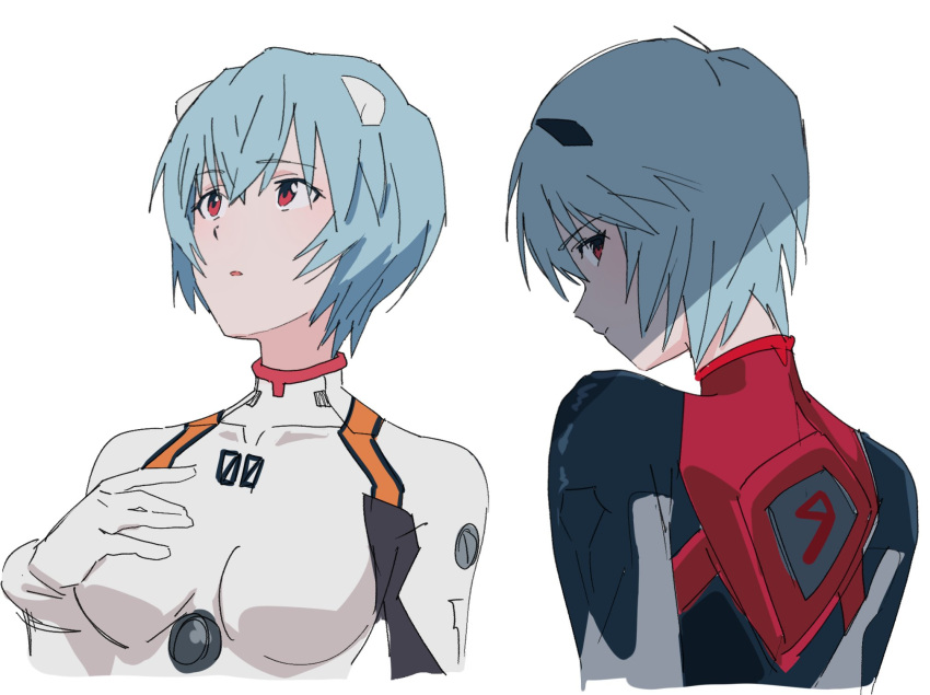 ayanami_rei black_bodysuit blue_hair bodysuit breasts hair_between_eyes hajikkoneko highres neon_genesis_evangelion open_mouth pilot_suit plugsuit rebuild_of_evangelion red_eyes shadow short_hair simple_background variations white_background white_bodysuit