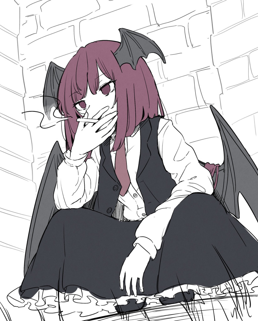 1girl alternate_hair_length alternate_hairstyle bat_wings between_fingers black_footwear black_skirt black_vest black_wings brick_wall buttons cigarette collared_shirt commentary_request dress_shirt dutch_angle expressionless frilled_skirt frills full_body garasuno head_wings highres holding koakuma long_sleeves muted_color necktie open_clothes open_vest red_eyes red_hair red_necktie shirt short_hair sketch skirt skirt_set smoking solo squatting touhou vest white_shirt wings