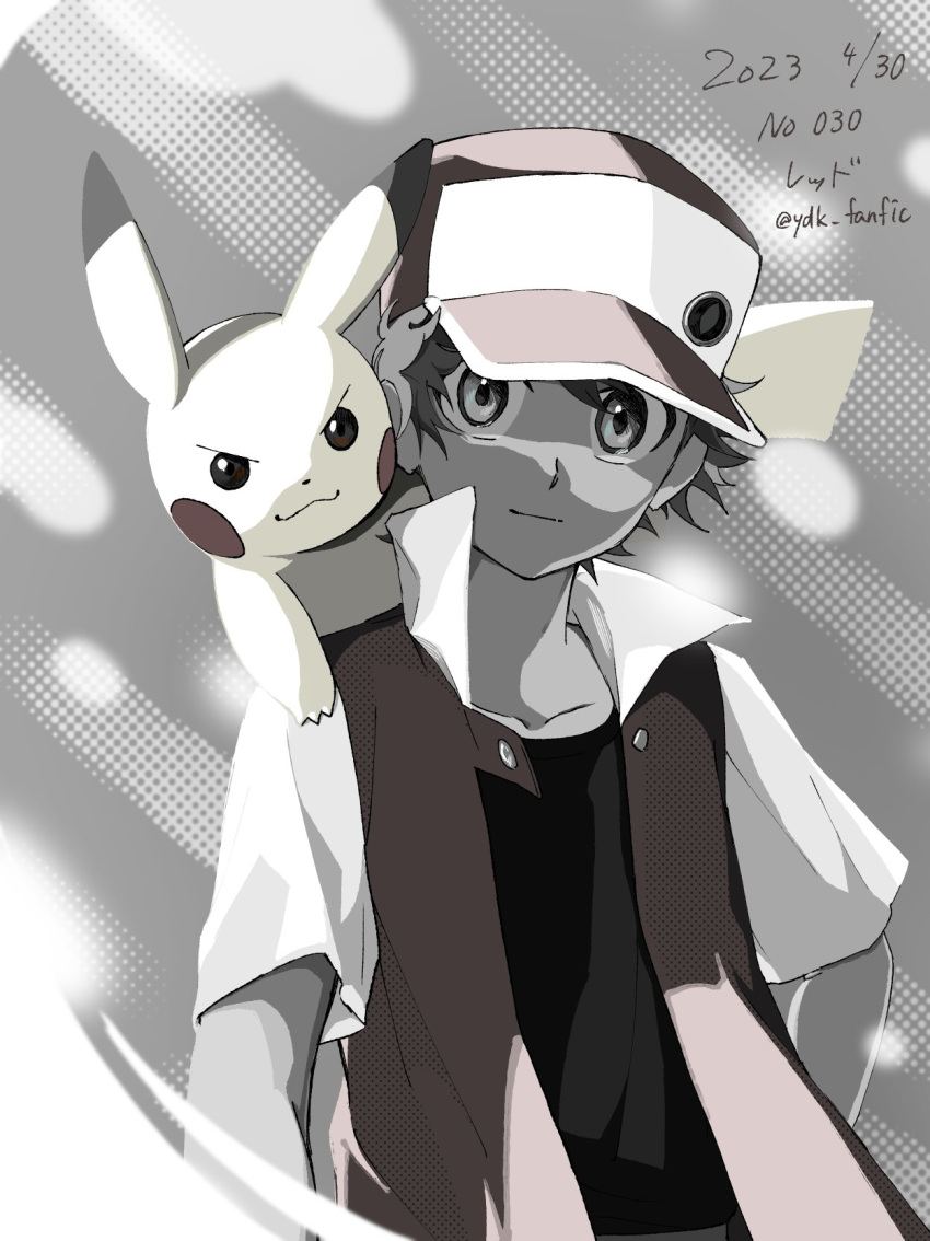 1boy closed_mouth collarbone commentary_request dated grey_background hat highres jacket male_focus open_clothes open_jacket pikachu pokemon pokemon_(creature) pokemon_(game) pokemon_rgby red_(pokemon) shirt short_hair short_sleeves smile twitter_username upper_body yodaka_(ydk_0365)