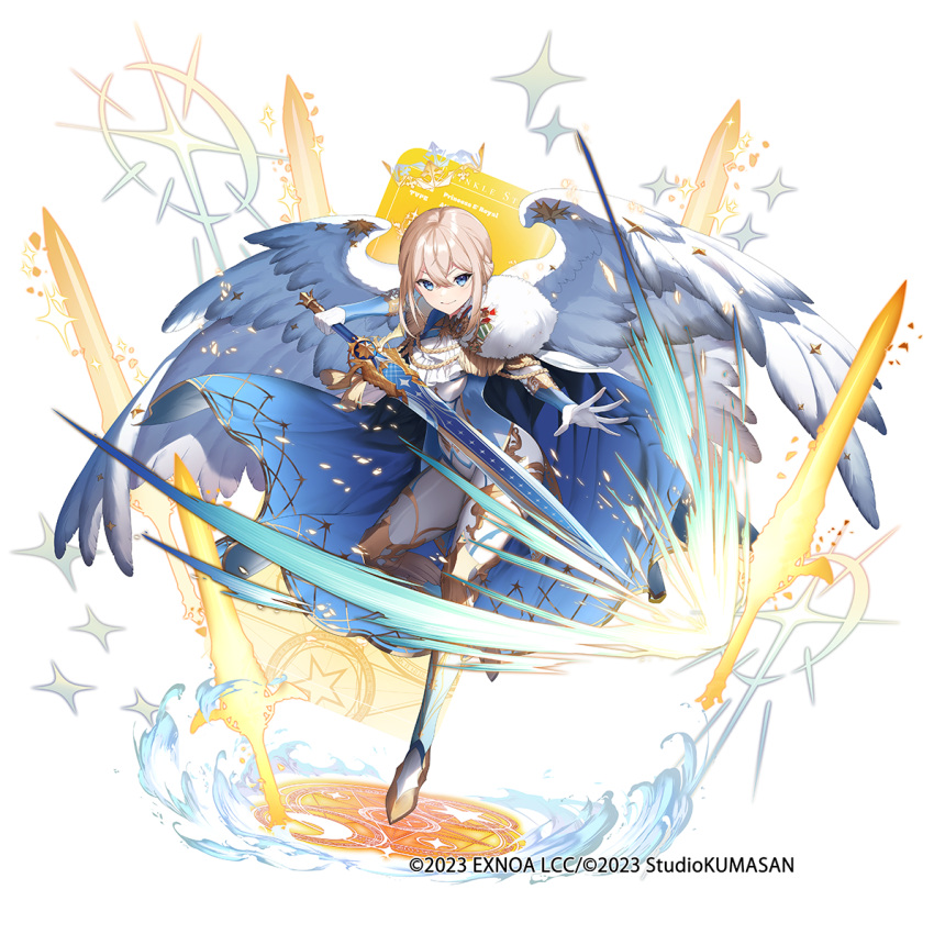 1girl aiguillette arrow_(tamawo222) ascot blonde_hair blue_cape blue_eyes bodice cape character_request copyright english_text epaulettes gloves gold_tassel hair_between_eyes holding holding_sword holding_weapon leg_armor magic magic_circle medal official_art pants sidelocks solo sparkle star_(symbol) sword twinkle_star_knights two-tone_cape weapon white_ascot white_cape white_gloves white_pants white_wings wings wrist_guards