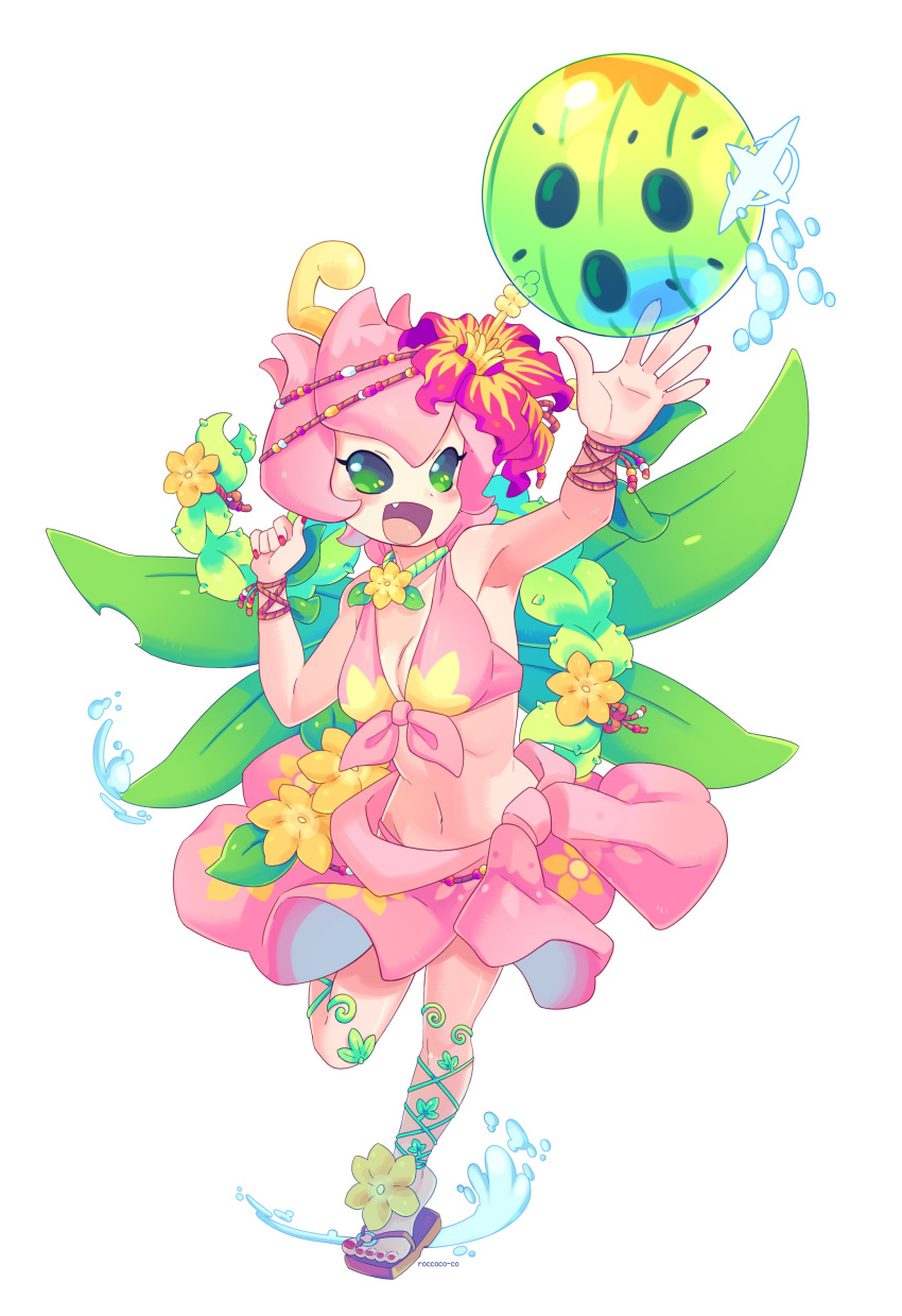 1girl absurdres alternate_costume ball bra digimon digimon_(creature) fairy flower green_eyes highres leaf_wings lilimon monster_girl navel open_mouth petals pink_bra pink_sarong plant_girl red_flower roccoco_co sandals simple_background solo swimsuit underwear white_background yellow_flower