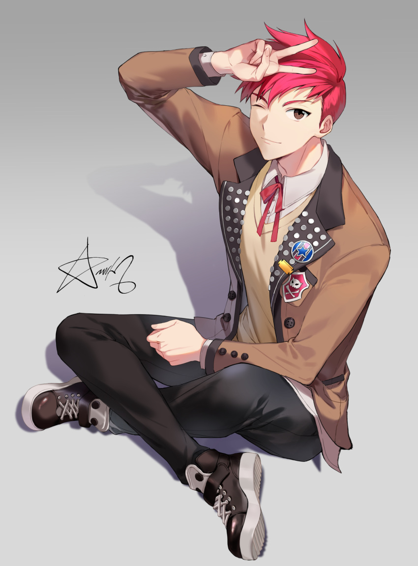 1boy black_footwear black_pants brown_eyes brown_jacket buried_stars character_request closed_mouth collared_shirt commentary_request full_body hand_up highres indian_style jacket korean_commentary long_sleeves looking_at_viewer male_focus neck_ribbon one_eye_closed pants red_hair red_ribbon ribbon school_uniform shirt shoes short_hair signature simple_background sitting smile sweater timing_(mpth8384) v white_background white_shirt yellow_sweater