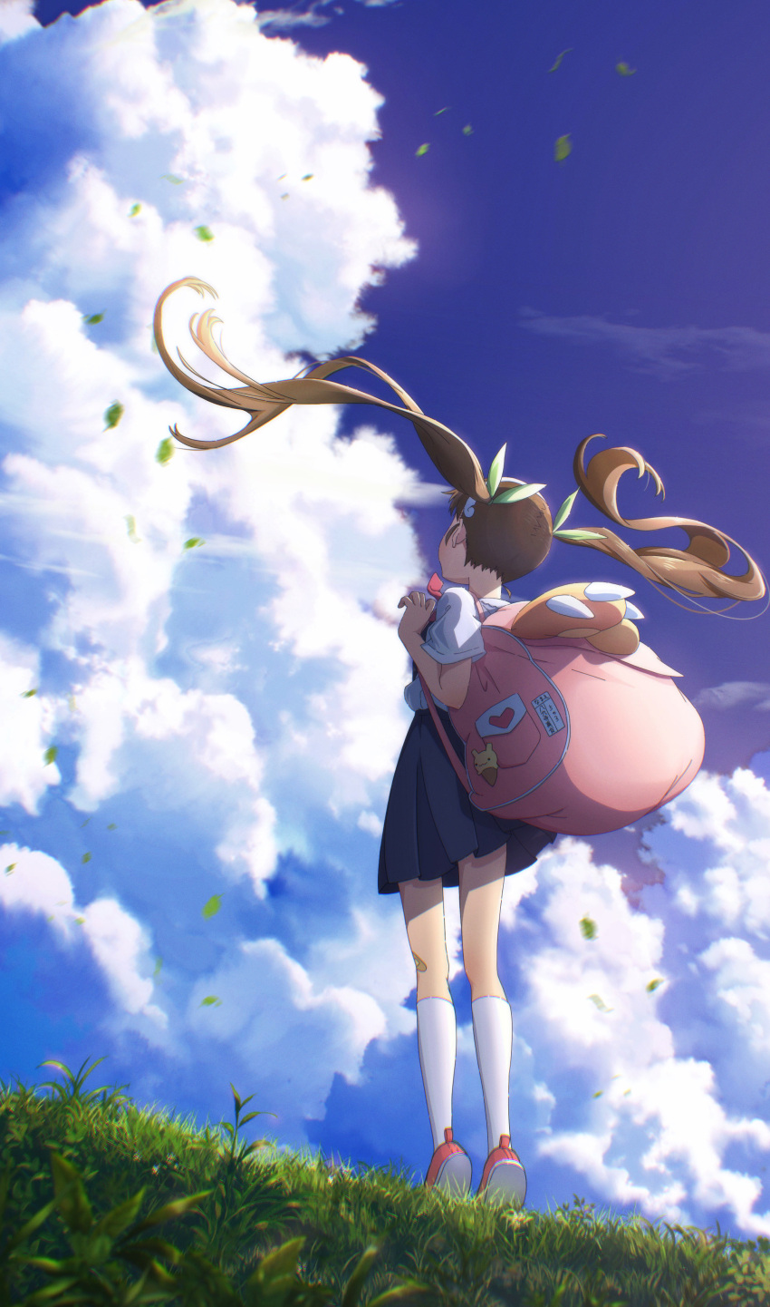 1girl absurdres backpack bag bakemonogatari bandaid bandaid_on_knee bandaid_on_leg blue_skirt blue_sky brown_hair cloud cumulonimbus_cloud day drawdream1025 facing_away falling_leaves floating_hair grass green_ribbon hachikuji_mayoi hair_ribbon hairband highres kneehighs leaf long_hair monogatari_(series) naoetsu_high_school_uniform outdoors pink_footwear ribbon school_uniform shirt short_sleeves skirt sky socks solo suspender_skirt suspenders tiptoes twintails white_hairband white_shirt white_socks