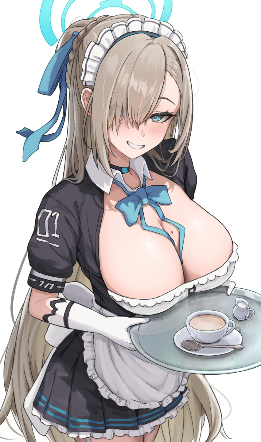 1girl absurdres asuna_(blue_archive) black_choker black_dress blue_archive blue_bow blue_bowtie blue_eyes blue_halo blush bow bowtie breasts choker cleavage cowboy_shot cup dress eyes_visible_through_hair gloves grin hair_over_one_eye halo highres holding holding_tray icetea774 large_breasts light_brown_hair long_hair looking_at_viewer maid maid_headdress mole mole_on_breast short_sleeves simple_background smile solo spoon tray white_background white_gloves