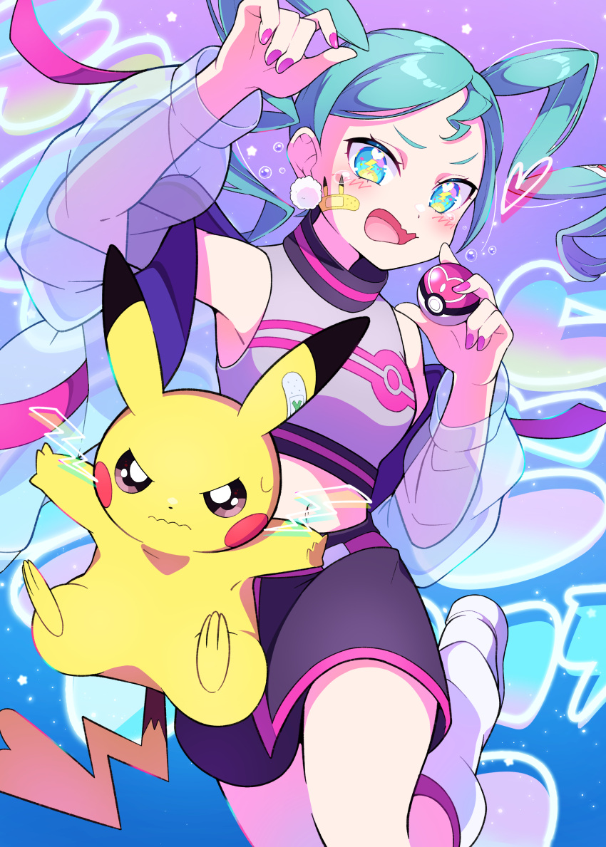 1girl absurdres aqua_eyes aqua_hair bare_shoulders belt blush earrings hatsune_miku heart highres holding jacket jewelry lightning lightning_bolt-shaped_pupils lightning_bolt_symbol love_ball nail_polish open_clothes open_jacket open_mouth outline pikachu pink_belt pink_nails poke_ball pokemon pokemon_(creature) pon_yui project_voltage shirt sleeveless twintails vocaloid volt_tackle_(vocaloid) wavy_eyes wavy_mouth white_jacket