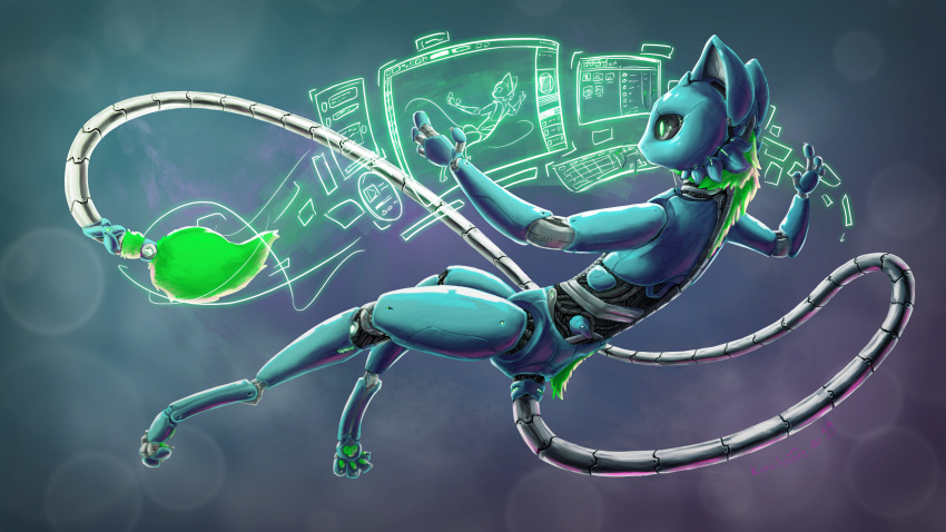 2019 abstract_background anthro artist blue_body cable cheek_tuft claws creating_art digitigrade domestic_cat drawing_program exposed_endoskeleton facial_tuft faust_(kochich) felid feline felis floating full-length_portrait glowing glowing_eyes green_eyes green_pawpads grey_sclera hi_res hologram holographic_screen keyboard kochich lens_flare light lighting long_tail machine male mammal metallic_body nude pawpads portrait recursion robot science_fiction screen self_insert self_portrait side_view tail tail_tuft tuft whiskers