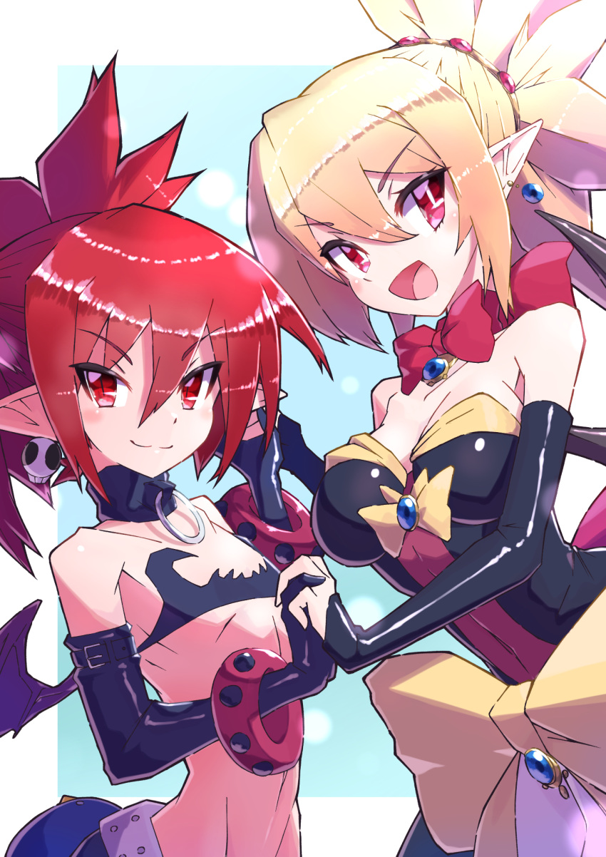 2girls :d bare_shoulders blonde_hair bow breasts choker detached_sleeves disgaea dress earrings elbow_gloves etna_(disgaea) flat_chest gloves highres holding_hands jewelry looking_at_viewer makai_senki_disgaea_2 medium_breasts multiple_girls pointy_ears red_bow red_eyes red_hair rozalin skull_earrings slit_pupils smile strail_cycleman strapless strapless_dress wings yellow_bow