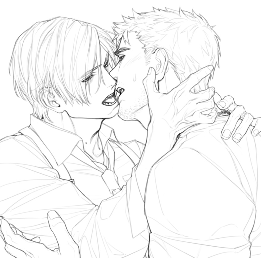 2boys bara beard_stubble chris_redfield collared_shirt couple eye_contact facial_hair from_side hand_on_another's_neck imminent_kiss leon_s._kennedy looking_at_another male_focus mature_male multiple_boys necktie no_sense_of_shame resident_evil resident_evil_6 shirt short_hair stubble suspenders sweatdrop thick_eyebrows upper_body yaoi