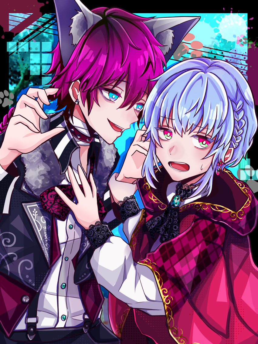 2boys absurdres akuma_shitsuji_to_kuroi_neko androgynous animal_ears big_bad_wolf big_bad_wolf_(cosplay) blue_eyes blue_hair blush braid cosplay flure_garcia highres lato_bacca light_blue_hair little_red_riding_hood_(grimm) little_red_riding_hood_(grimm)_(cosplay) long_hair looking_at_another looking_to_the_side manoco_cos multicolored_eyes multiple_boys pink_eyes pink_hair short_hair wolf_boy wolf_ears