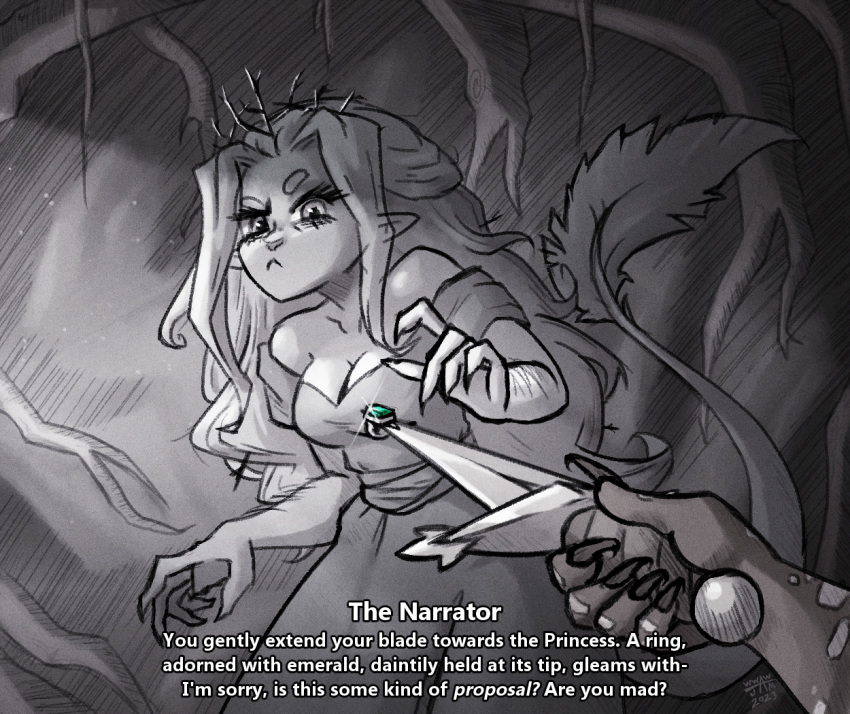 1girl animal_nose breasts cat_girl cave claws cleavage commission cropped_legs dagger dress english_commentary english_text fluffy gem green_gemstone greyscale holding holding_dagger holding_knife holding_weapon indoors jewelry knife large_tail long_hair looking_down marriage_proposal medium_breasts monochrome monster_girl off_shoulder ornate_ring pointy_ears pov pov_hands princess princess_(slay_the_princess) ring slay_the_princess tail tail_raised talons the_hero_(slay_the_princess) the_witch_(slay_the_princess) weapon wedding_ring witch worried wwwjam