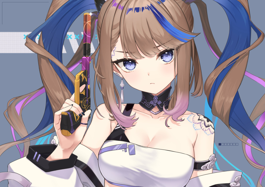 1girl airi_kanna bare_shoulders blue_eyes blue_hair breasts brown_hair cleavage closed_mouth commentary_request detached_sleeves grey_background gun handgun holding holding_gun holding_weapon long_hair long_sleeves looking_at_viewer medium_breasts multicolored_hair nanana_narang pink_hair puffy_long_sleeves puffy_sleeves simple_background single_strap solo stellive suppressor twintails two-tone_hair upper_body v-shaped_eyebrows virtual_youtuber weapon weapon_request white_sleeves