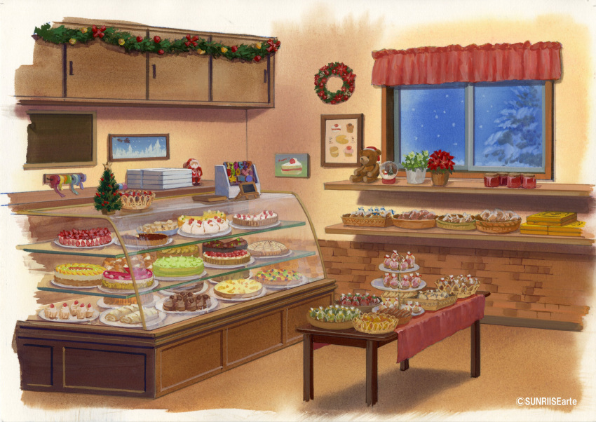 bakery cabinet cake christmas cupcake curtains dessert display display_case food highres indoors interior no_humans original shop snowing stuffed_animal stuffed_toy sunrise_arte tart_(food) teddy_bear window