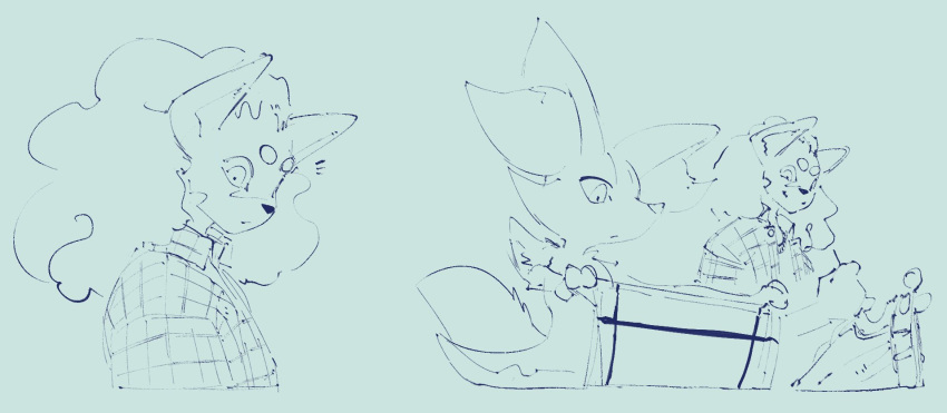 anthro being_watched braixen canid canine domestic_cat duo eli_(elicazz) elicazzz felid feline felis female flannel_shirt fox generation_6_pokemon hi_res inner_ear_fluff laundry looking_at_another male male/female mammal nintendo nonbinary_(lore) paws pokemon pokemon_(species) slice_of_life smile tuft