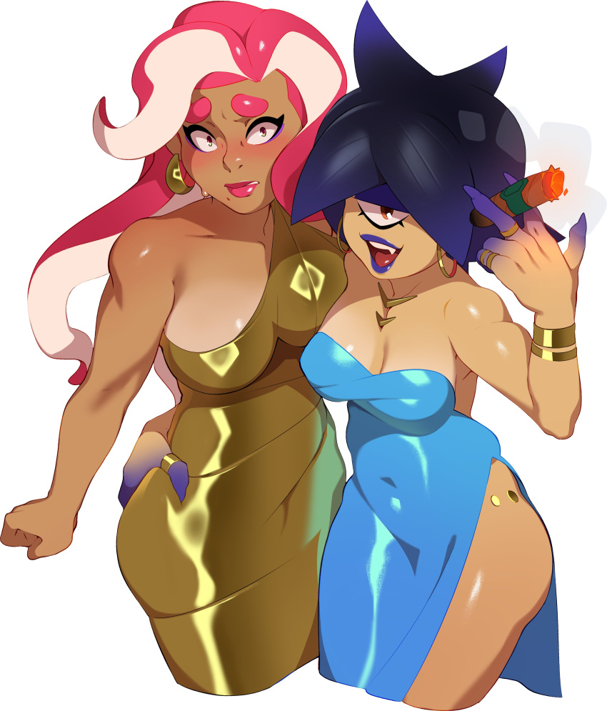 2girls absurdres arm_around_waist bare_shoulders black_hair blue_dress blue_hair bracelet breasts brown_eyes cigar cleavage combos_&amp;_doodles covered_navel dress earrings gold_dress gradient_hair highres holding holding_cigar hoop_earrings jewelry large_breasts long_hair looking_at_viewer medium_breasts multicolored_hair multiple_girls octoling one-eyed open_mouth pink_hair ring simple_background sleeveless splatoon_(series) strapless strapless_dress takoko_yakisoba_(combos_&amp;_doodles) tentacle_hair tight_clothes two-tone_hair white_background