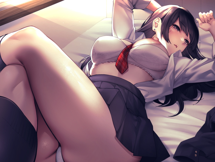 1girl ass bed_sheet between_breasts black_hair black_jacket black_skirt bra breasts brown_eyes ear_piercing evening highres jacket jacket_removed large_breasts long_hair long_sleeves lying necktie necktie_between_breasts nipples non-web_source on_back on_bed one_breast_out open_clothes open_shirt original panties parted_lips piercing pleated_skirt red_necktie school_uniform shouji_nigou skirt solo thighs thong underwear white_bra white_panties window