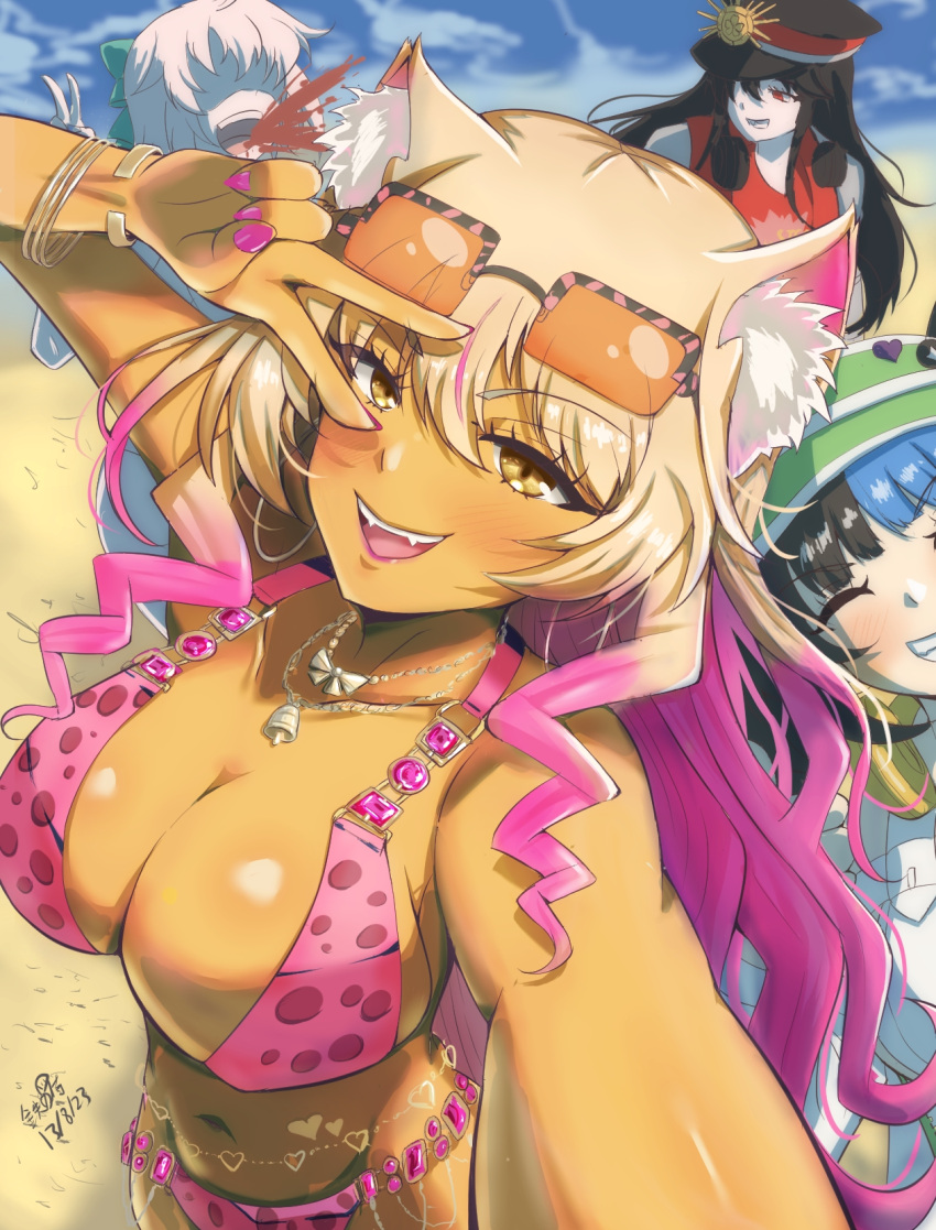 4girls animal_ears beach blonde_hair blush breasts dark-skinned_female dark_skin fate/grand_order fate_(series) fox_ears fox_girl gradient_hair highres iron_samurai large_breasts long_hair looking_at_viewer multicolored_hair multiple_girls oda_nobunaga_(fate) oda_nobunaga_(swimsuit_berserker)_(fate) okita_j._souji_(fate) okita_souji_(fate) open_mouth pink_hair sei_shounagon_(fate) sei_shounagon_(swimsuit_berserker)_(fate) sidelocks smile suzuka_gozen_(fate) suzuka_gozen_(swimsuit_rider)_(fate) tan yellow_eyes