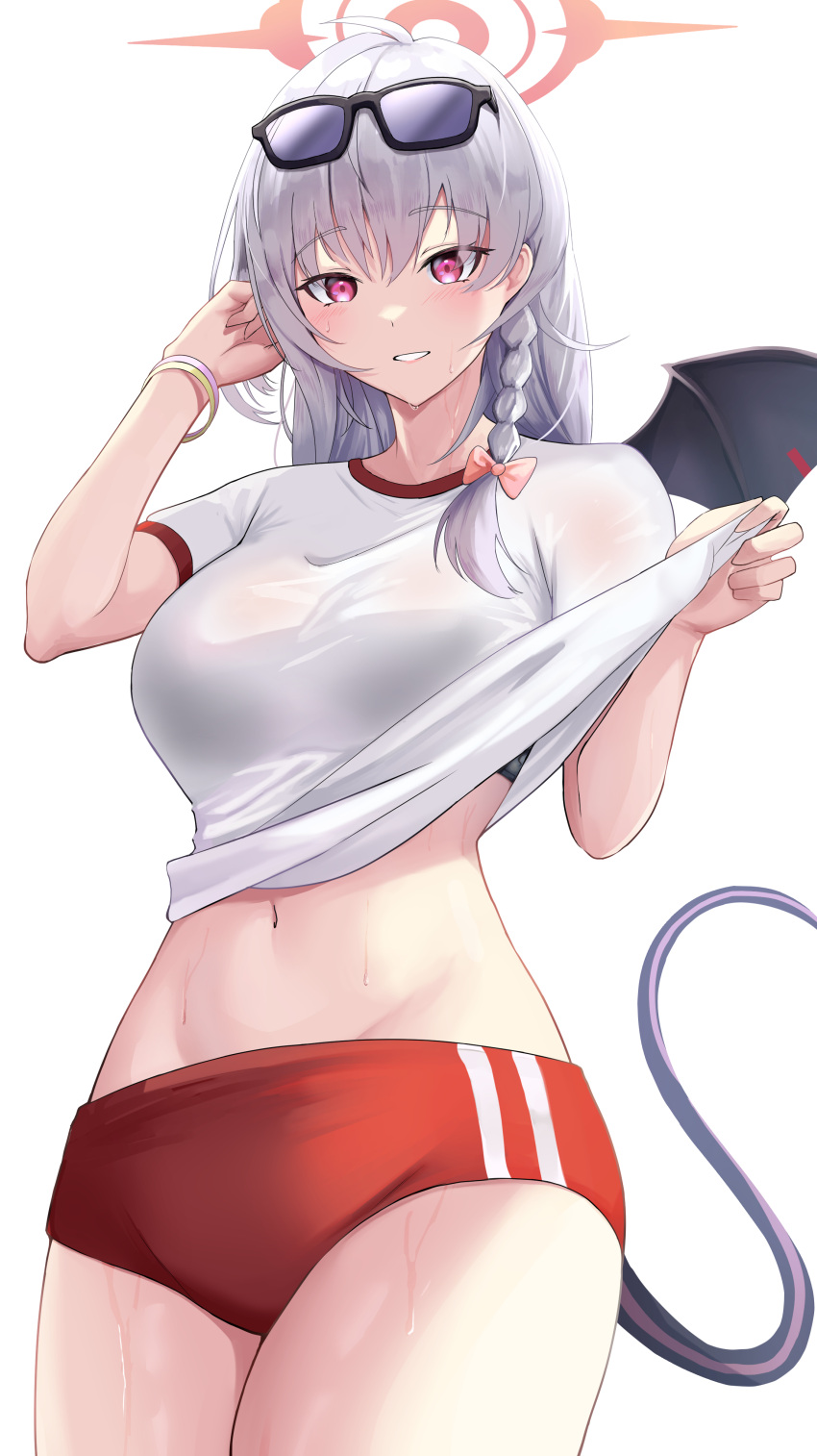 1girl absurdres arisugawa_ya black_wings blue_archive blush braid buruma cowboy_shot eyewear_on_head fake_wings grey_hair gym_shirt gym_uniform halo haruna_(blue_archive) haruna_(track)_(blue_archive) highres long_hair navel official_alternate_costume open_mouth red_buruma red_eyes red_halo shirt short_sleeves side_braid simple_background single_wing solo tail white_background white_shirt wings