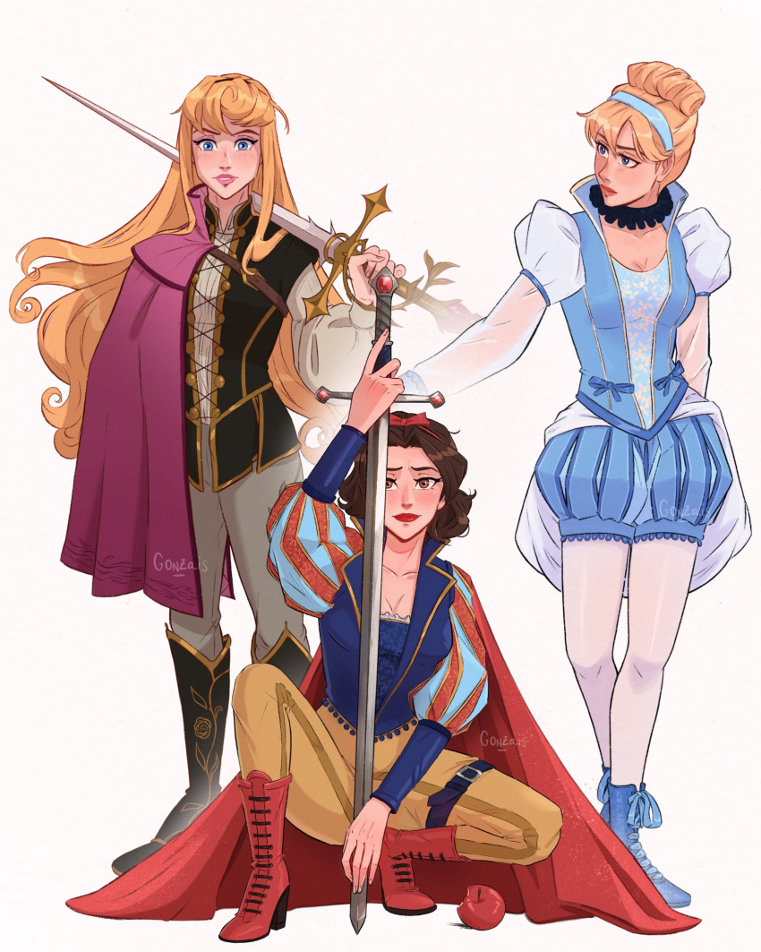 aurora_(disney) black_footwear black_hair blonde_hair blue_eyes blue_footwear blue_hairband boots brown_eyes brown_pants cape cinderella cinderella_(disney) crossover disney_princess gonzais hairband highres holding holding_sword holding_weapon long_hair looking_at_another looking_at_viewer over_shoulder pants puffy_short_sleeves puffy_sleeves purple_cape red_cape red_footwear short_hair short_sleeves simple_background sleeping_beauty snow_white snow_white_(disney) squatting sword weapon weapon_over_shoulder white_background