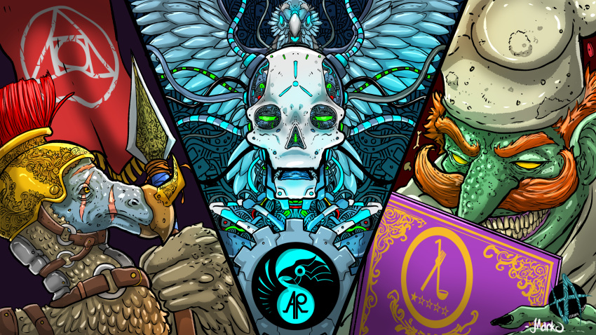 16:9 2022 5_fingers ambiguous_gender android armor artist_logo artist_name avian banner beak beak_scar big_nose bird black_fingernails blue_body blue_face blue_feathers blue_wings bone chef_hat clothed clothed_feral clothing colored columbid cutlery detailed digital_media_(artwork) digital_painting_(artwork) dodo empty_eyes eyebrows facial_hair facial_scar falcon falconid feather_hands feathered_wings feathers feral fingers flag galea gear goblin green_body green_eyes green_skin grey_beak group hair hat headgear headwear helmet hi_res holding_object holding_spear holding_weapon humanoid kitchen_utensils ladle logo machine male markoriginals melee_weapon menu mouth_scar mustache o-ring orange_eyebrows orange_hair orange_mustache polearm robot scar scp-4980 scp_foundation shaded signature skull skull_head spear spoon star straps tools trio unknown_character weapon white_clothing white_hat white_headwear widescreen wings wire yellow_eyes
