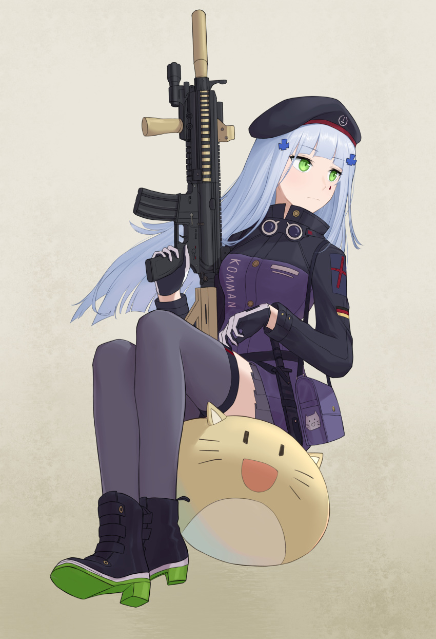 1girl absurdres animal_pillow assault_rifle bag beret black_thighhighs cat_pillow full_body german_flag girls'_frontline gloves gradient_background green_eyes gun h&amp;k_hk416 hair_ornament hat heckler_&amp;_koch highres hk416_(girls'_frontline) holding holding_gun holding_weapon jacket knife long_hair pillow rifle scope shoes simobulanka sitting sitting_on_pillow skirt suppressor teardrop_facial_mark thighhighs weapon white_hair