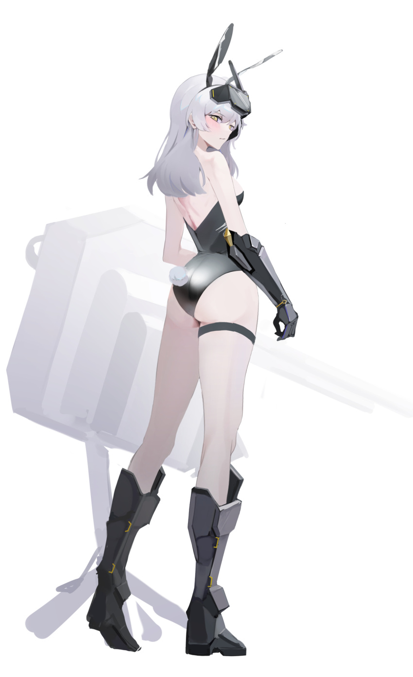 1girl animal_ears armored_boots bare_shoulders blush boots breasts fake_animal_ears goddess_of_victory:_nikke guriddopitto hair_between_eyes highres leotard long_hair mechanical_arms pantyhose playboy_bunny rabbit_ears snow_white_(nikke) strapless strapless_leotard visor_(armor) weapon white_hair