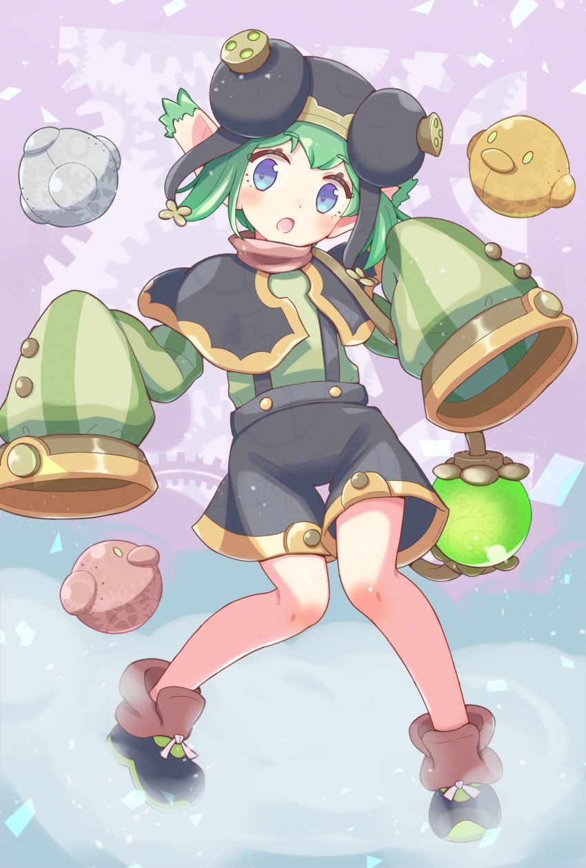 1girl black_capelet black_footwear black_shorts blush capelet cork covered_horns dot_nose double_bun eyelashes full_body gears green_hair green_shirt hair_bun highres jazz_grace lamp lidelle_(puyopuyo) looking_at_viewer mechanical_bird open_mouth pointy_ears puyopuyo puyopuyo_fever puyopuyo_quest shirt short_hair shorts sleeves_past_fingers sleeves_past_wrists solo standing steam steampunk suspenders