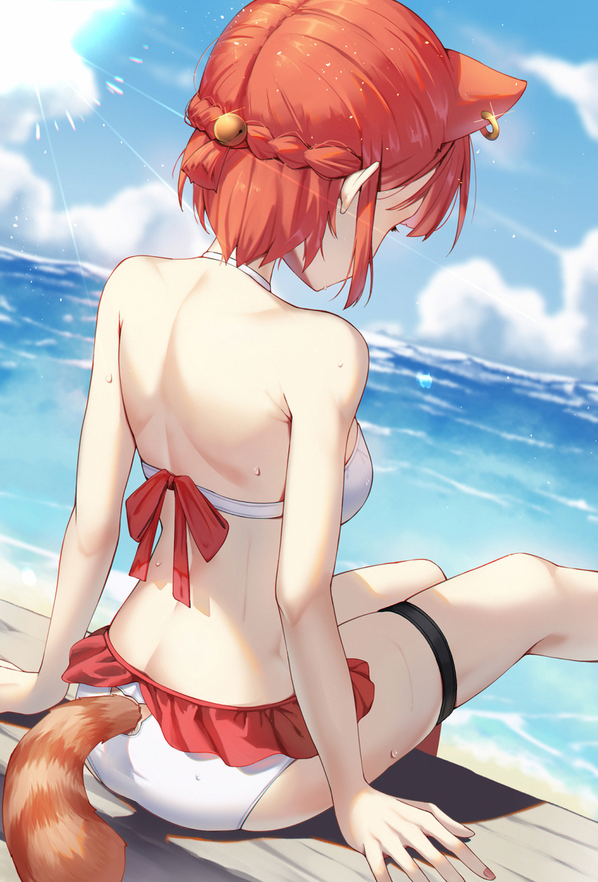 1girl animal_ears back bare_shoulders beach bikini braid earrings frills from_behind highres jewelry nijisanji ratna_petit red_hair red_panda_ears red_panda_girl red_panda_tail shioneko_(0202) short_hair solo swimsuit thigh_strap thighs virtual_youtuber