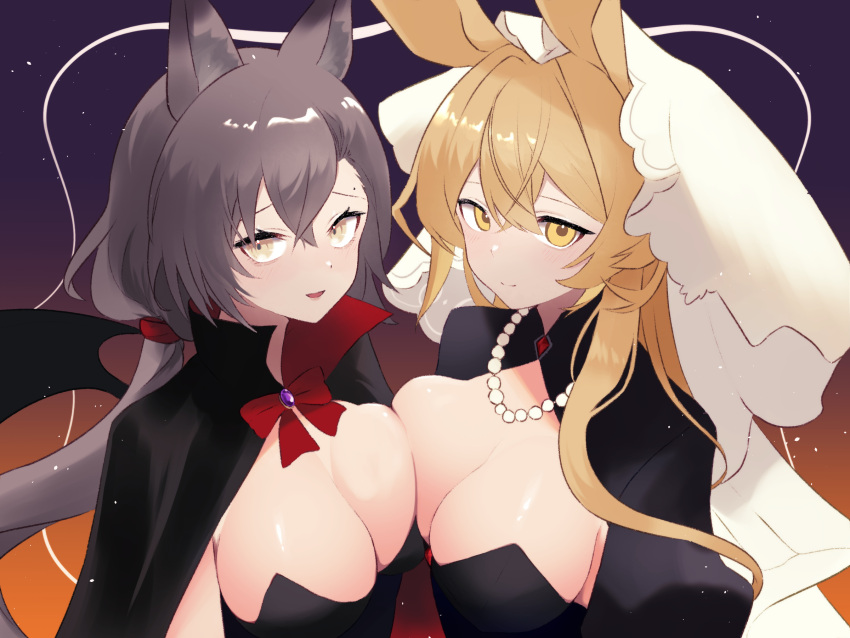 2girls animal_ear_fluff animal_ears arknights black_cape black_leotard black_wings blonde_hair bow breast_press breasts brooch brown_eyes cape cleavage closed_mouth commentary_request dorothy_(arknights) dr.lamina grey_hair highres jewelry large_breasts leotard long_hair multiple_girls necklace pearl_necklace penance_(arknights) puffy_sleeves red_bow shrug_(clothing) smile strapless strapless_leotard symmetrical_docking upper_body veil very_long_hair wings