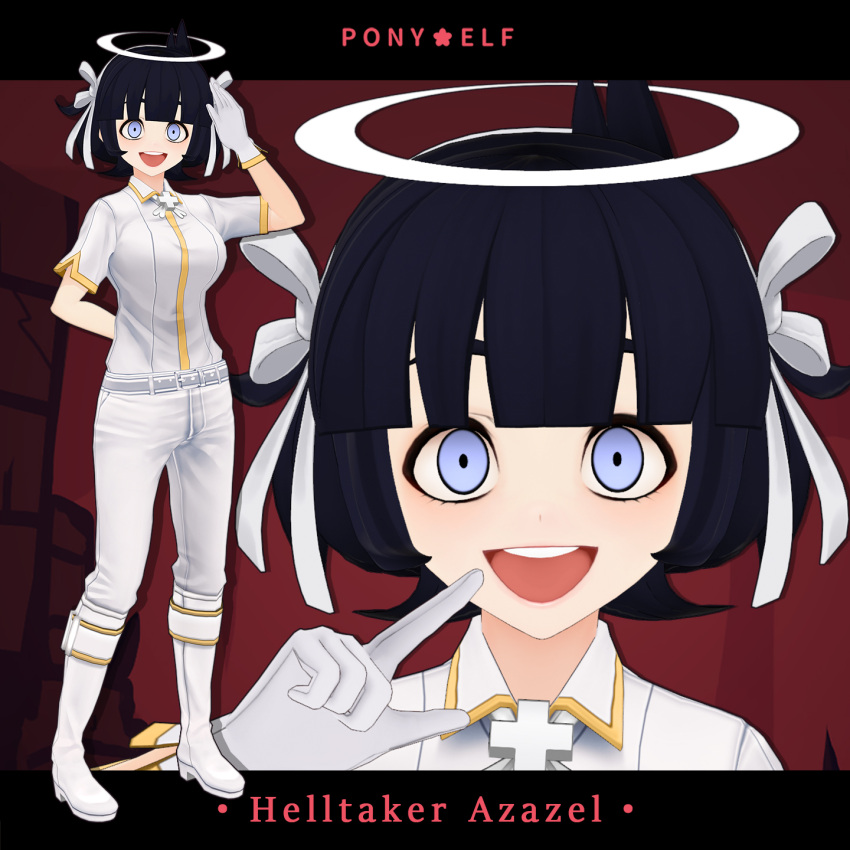 1girl :d angel arm_behind_back azazel_(helltaker) black_hair blue_eyes blunt_bangs boots bow breasts chinese_commentary commentary constricted_pupils cross cross_necklace english_commentary finger_to_mouth full_body hair_bow hair_ribbon hairband halo hand_up helltaker highres jewelry knee_boots large_breasts looking_at_viewer mixed-language_commentary multiple_views necklace open_mouth pandachu pants red_background ribbon shirt short_hair smile solo_focus straight-on swimsuit teeth upper_teeth_only vrchat waving white_bow white_footwear white_hairband white_pants white_ribbon white_shirt wide-eyed