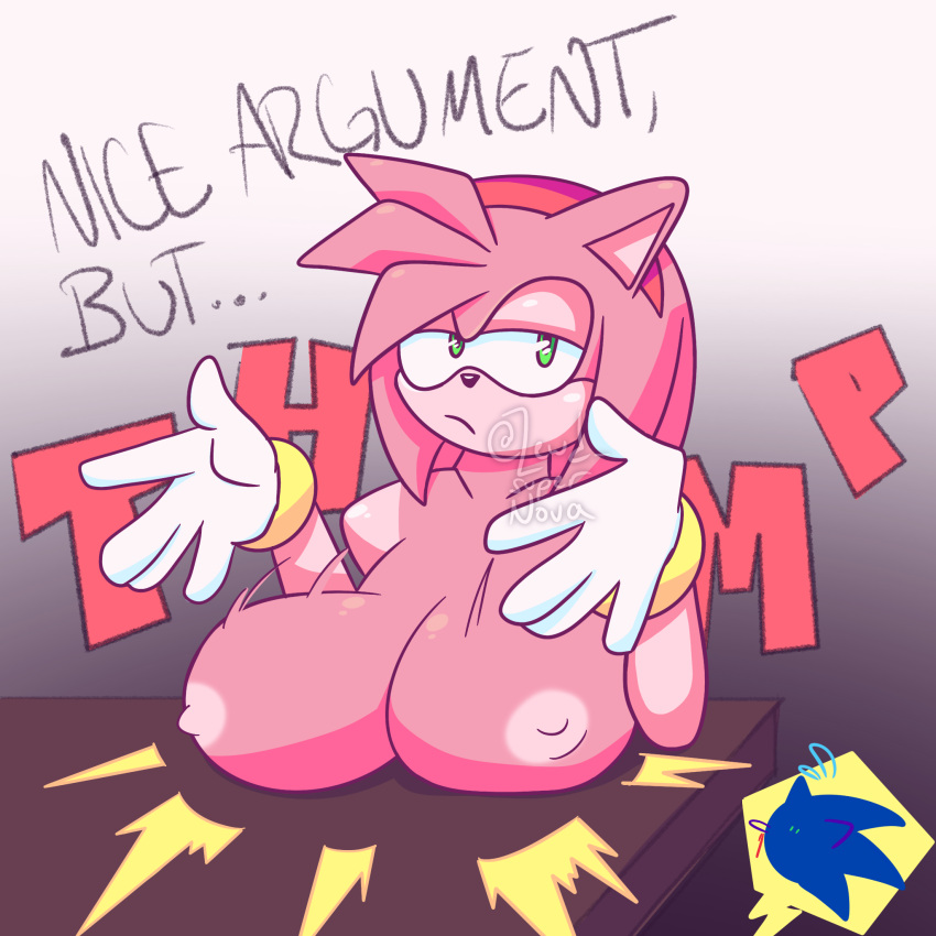 accessory amy_rose anthro breasts clothing contact_onomatopoeia eulipotyphlan female gloves half-closed_eyes handwear headband hedgehog hi_res impact_lines impact_onomatopoeia lewd_supernova mammal narrowed_eyes onomatopoeia sega solo sonic_the_hedgehog sonic_the_hedgehog_(series) sound_effects text