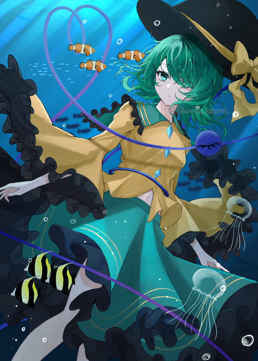 1girl black_headwear blouse bow buttons diamond_button fish frilled_shirt_collar frilled_skirt frilled_sleeves frills green_eyes green_hair green_skirt hat hat_ribbon heart heart_of_string highres jellyfish komeiji_koishi kuro_wa_shinoru open_mouth ribbon shirt short_hair skirt solo third_eye touhou underwater wide_sleeves yellow_ribbon yellow_shirt