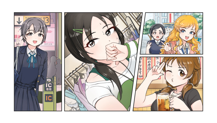 5girls alcohol aoki_kei bag beer beer_mug black_hair blonde_hair blush brown_hair candy clothes_hanger collarbone cup food grey_hair hair_over_shoulder holding holding_candy holding_cup holding_food holding_lollipop idolmaster idolmaster_cinderella_girls katagiri_sanae lollipop looking_at_viewer matsuo_chizuru mug multiple_girls ohtsuki_yui one_eye_closed otokura_yuuki outdoors restaurant salute school_bag school_uniform sweat trainer_(idolmaster) turnstile two-finger_salute upper_body ushimochi wristband