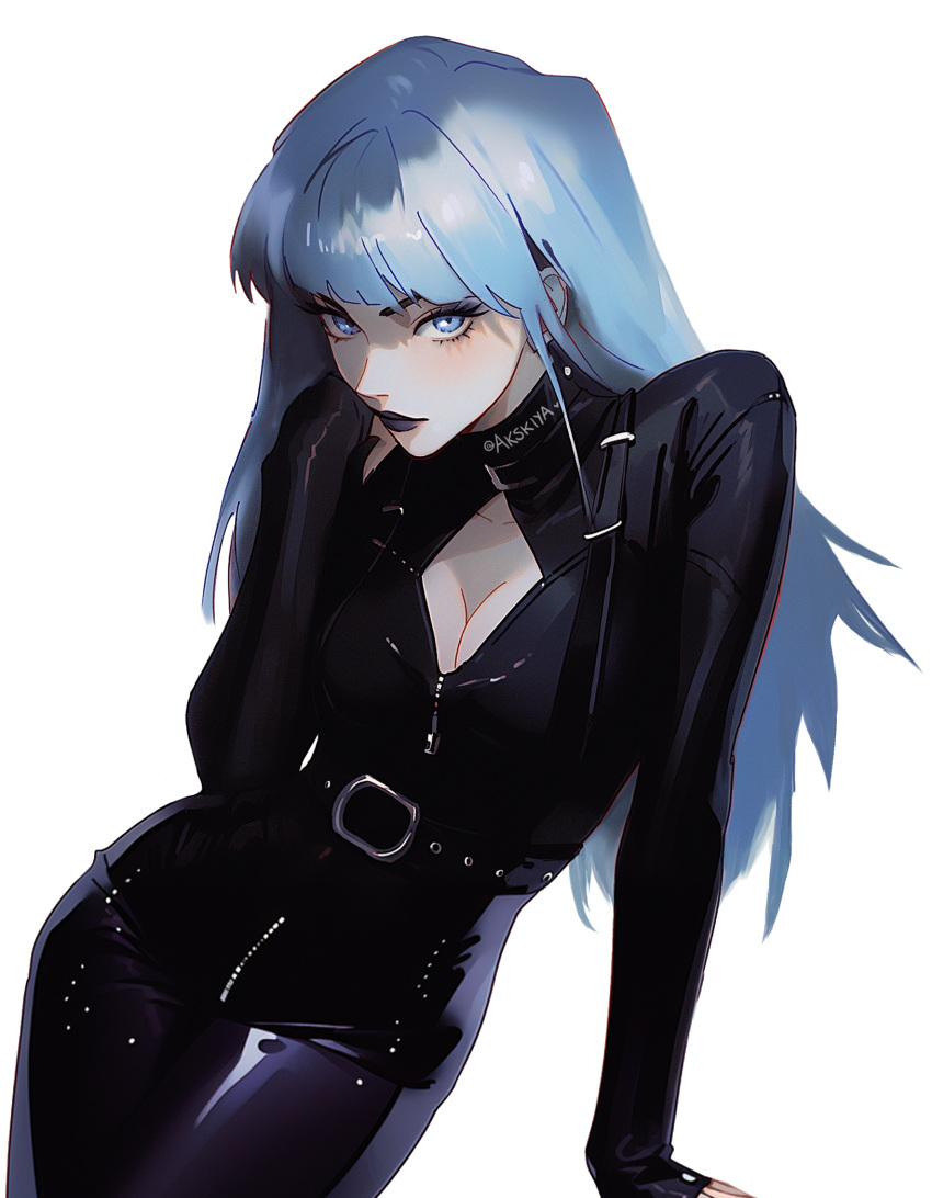 1girl :3 akskiya bad_source belt black_lips blue_eyes blue_hair bodysuit gothic highres latex latex_bodysuit long_hair megami_tensei nail_polish nemissa shin_megami_tensei solo soul_hackers