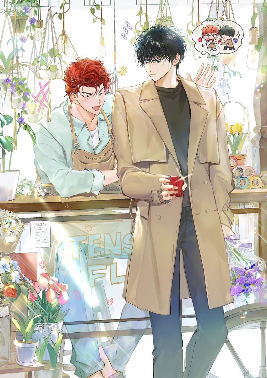 2boys :d anger_vein apron bishounen black_eyes black_hair black_pants black_shirt blue_shirt blush bouquet box brown_apron brown_coat chibi coat couple denim eye_contact flower flower_shop hanging_plant heart highres holding holding_bouquet holding_box indoors jeans leaning_forward looking_at_another male_focus multiple_boys nomimono_rh one_eye_closed pants plant pompadour red_hair ring_box rukawa_kaede sakuragi_hanamichi shirt shop short_hair slam_dunk_(series) smile thought_bubble yaoi