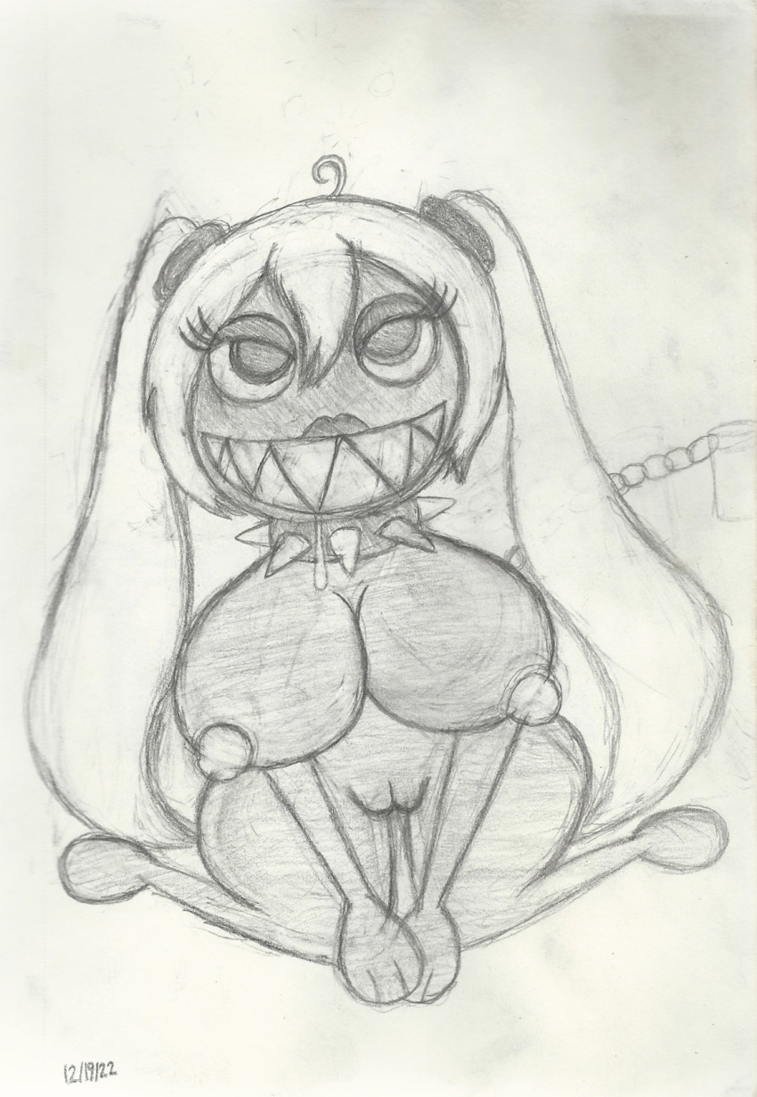 2022 anthro big_breasts bodily_fluids breasts chain chain_chomp collar dated female genitals hi_res kneeling leaf_tanuki_(artist) looking_at_viewer mario_bros monochrome narrowed_eyes nintendo nipples pussy saliva saliva_string sharp_teeth solo solo_focus spiked_collar spikes teeth traditional_media_(artwork) vocaloid