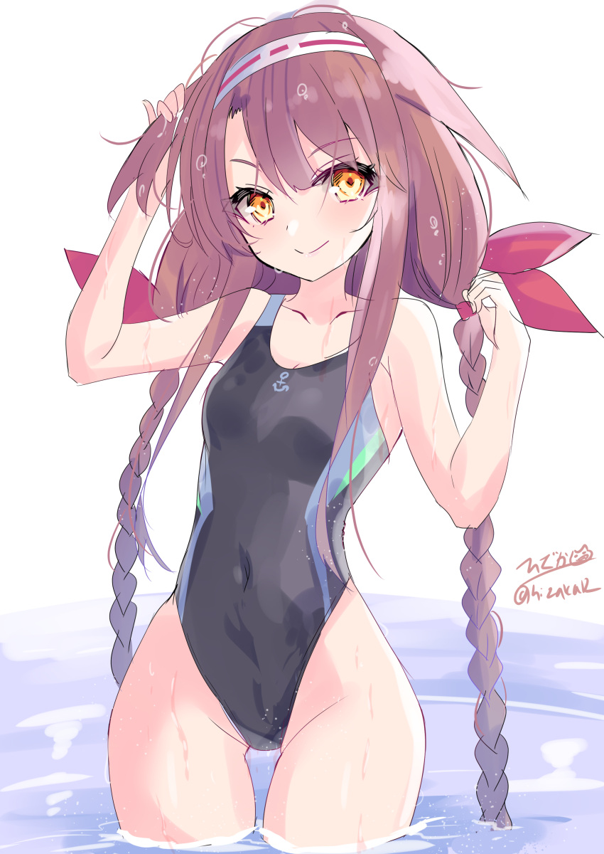 1girl absurdres ahoge anchor_symbol asymmetrical_bangs black_one-piece_swimsuit braid breasts competition_swimsuit covered_navel hair_flaps hair_ribbon hairband highleg highleg_swimsuit highres hizaka kantai_collection kawakaze_(kancolle) kawakaze_kai_ni_(kancolle) long_hair looking_at_viewer low_twintails one-hour_drawing_challenge one-piece_swimsuit red_eyes red_hair ribbon sidelocks small_breasts smile solo standing swimsuit twin_braids twintails very_long_hair wading water