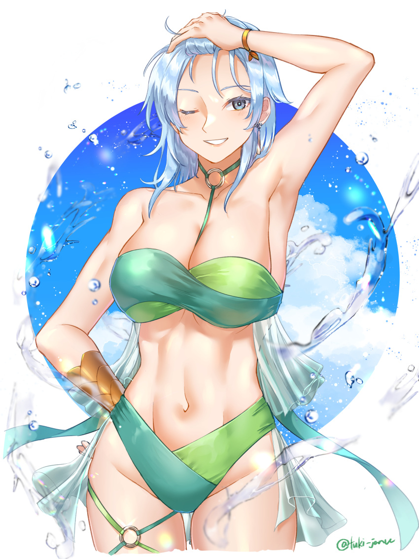 1girl absurdres alternate_costume arm_up armpits bikini blue_eyes blue_hair breasts cleavage cloud earrings echidna_(fire_emblem) fire_emblem fire_emblem:_the_binding_blade green_bikini hand_on_own_head hand_on_own_hip highres jewelry large_breasts looking_at_viewer navel one_eye_closed smile strapless strapless_bikini swimsuit tsukimura_(d24f4z8j3t)