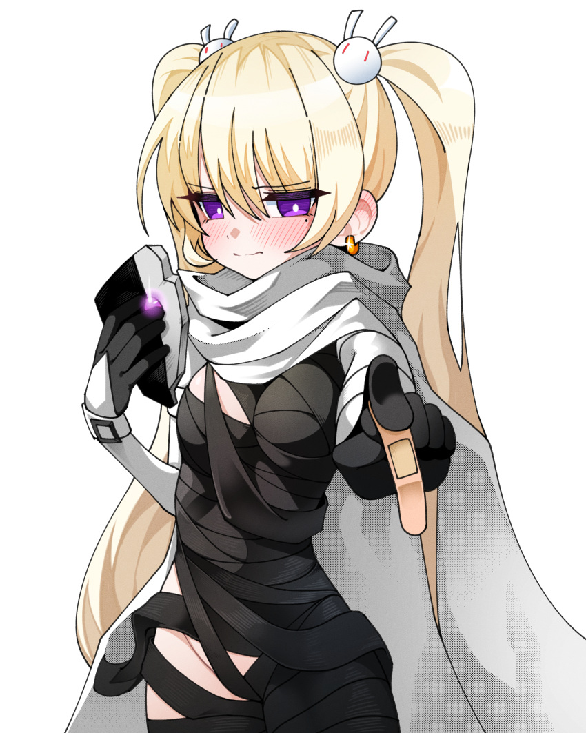 1girl absurdres bandages black_bandages black_gloves blonde_hair blush breasts bright_pupils cloak cowboy_shot earrings glint gloves hair_between_eyes hair_ornament hand_up highres jewelry korean_commentary legs_together long_hair maplestory medium_breasts mole mole_under_eye orchid_(maplestory) outstretched_arm purple_eyes sammi_(pixiv7331939) simple_background solo split_mouth standing twintails very_long_hair wavy_mouth white_background white_cloak white_pupils