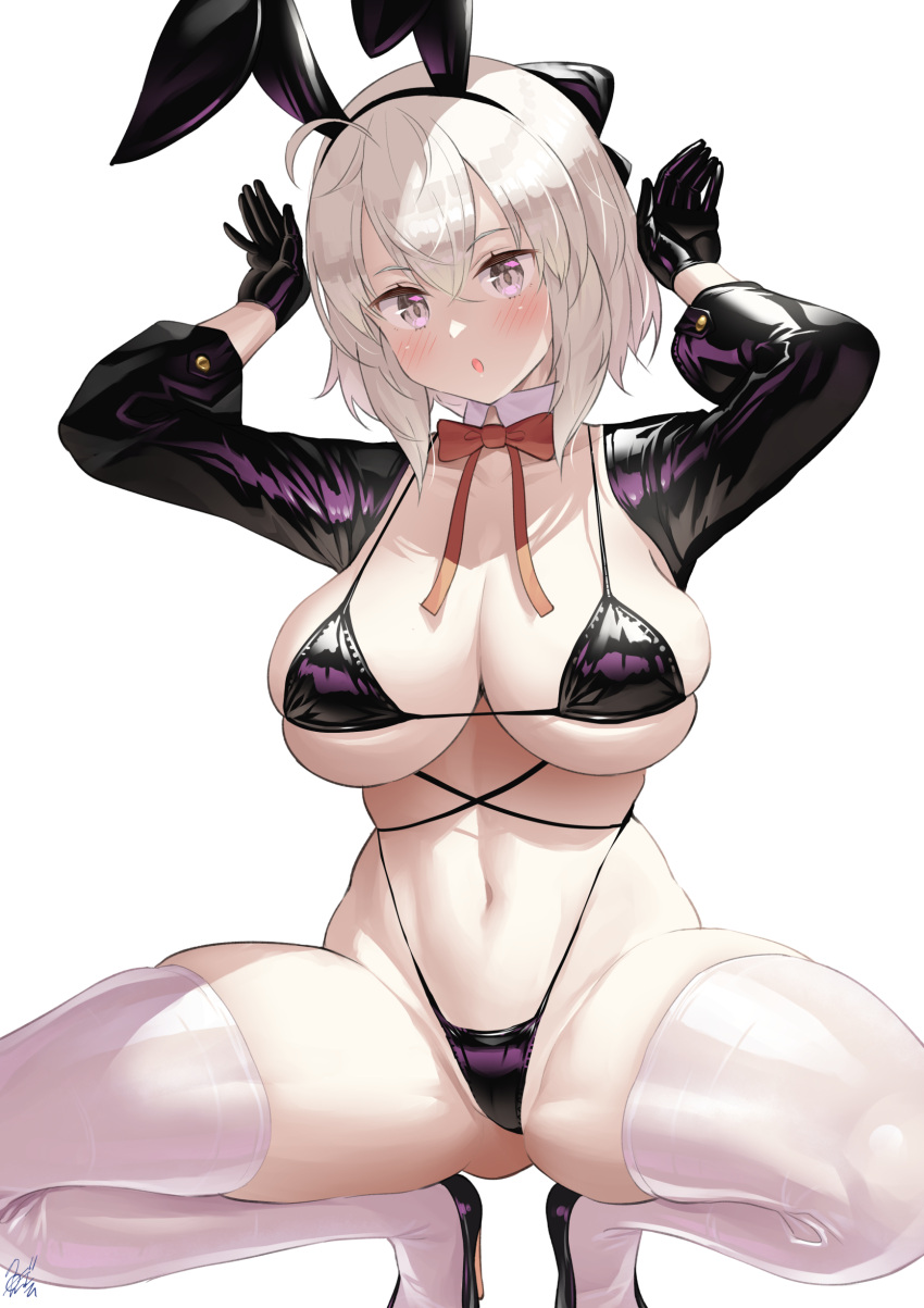 1girl :o absurdres alternate_costume bangs bikini black_bikini black_gloves black_hairband blush bow bowtie breasts cleavage detached_collar fate/grand_order fate_(series) gloves grey_eyes hair_ornament hairband hands_up highres long_sleeves medium_hair meme_attire navel okita_souji_(fate) okita_souji_(koha-ace) open_mouth playboy_bunny red_bow red_bowtie reverse_bunnysuit reverse_outfit shrug_(clothing) sideboob signature simple_background skindentation solo spread_legs squatting swimsuit thighhighs thighs underboob uo_denim white_background white_thighhighs