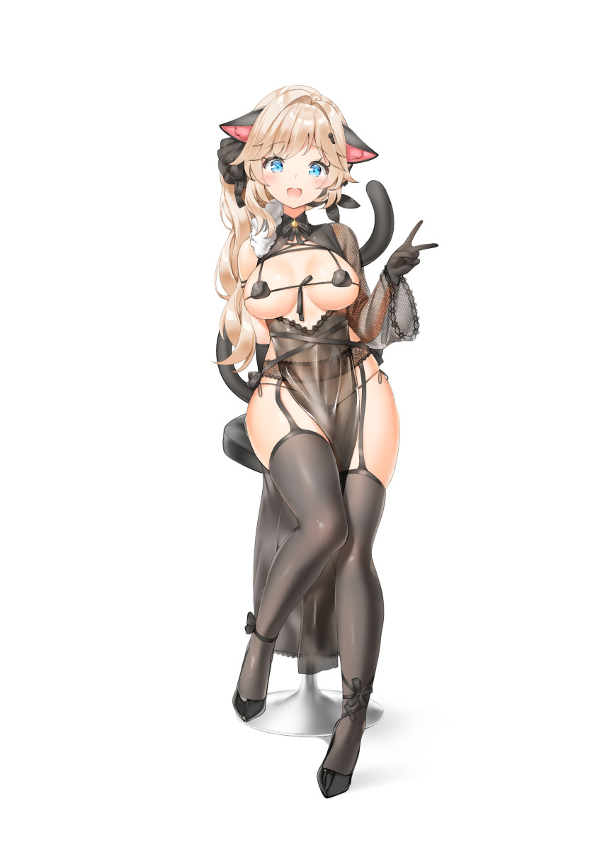 1girl absurdres animal_ears asymmetrical_clothes bare_shoulders bikini black_bikini black_dress black_footwear black_gloves black_thighhighs blonde_hair blue_eyes bow breasts breasts_apart cat_ears cat_girl cat_tail dress framed_breasts front-tie_bikini_top front-tie_top full_body fur_trim garter_belt gloves hair_bow hand_up highres keibeam large_breasts long_hair looking_at_viewer micro_bikini neck_ribbon open_mouth original pelvic_curtain revealing_clothes ribbon see-through see-through_sleeves shoes side-tie_bikini_bottom side_ponytail simple_background single_bare_shoulder single_sleeve sitting skindentation smile solo stool string_bikini swimsuit tail thighhighs thighs v white_background