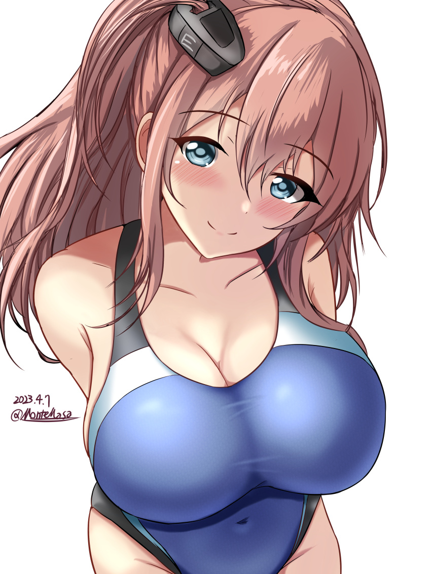 1girl absurdres alternate_costume black_one-piece_swimsuit blue_eyes blue_one-piece_swimsuit breasts brown_hair competition_swimsuit covered_navel cowboy_shot dated hair_between_eyes highleg highleg_swimsuit highres impossible_clothes impossible_swimsuit kantai_collection large_breasts long_hair looking_at_viewer montemasa multicolored_clothes multicolored_swimsuit one-piece_swimsuit ponytail saratoga_(kancolle) side_ponytail simple_background smile smokestack smokestack_hair_ornament solo swimsuit twitter_username two-tone_swimsuit white_background