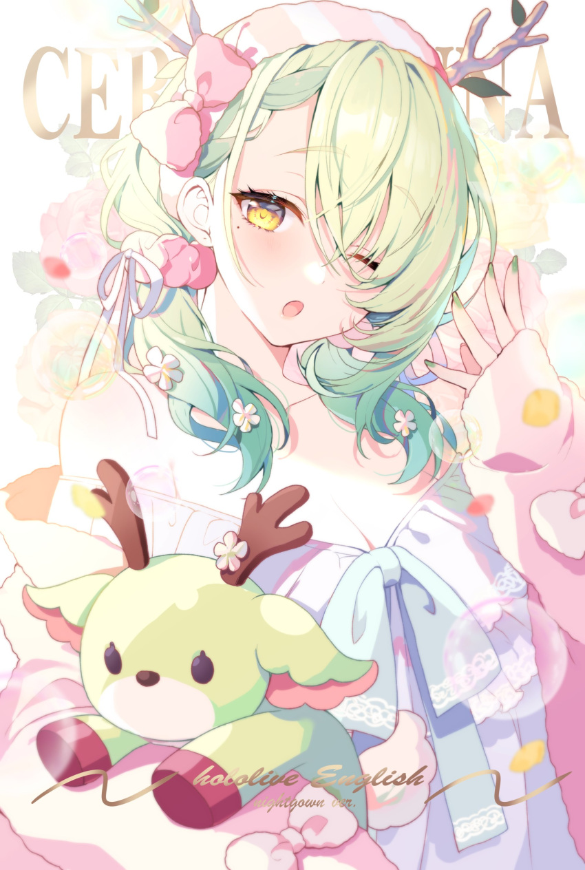 1girl absurdres antlers asymmetrical_bangs bow braid breasts ceres_fauna character_name cleavage clothes_down flower green_hair green_nails hair_flower hair_ornament highres hololive hololive_english long_hair looking_at_viewer low_twintails medium_breasts mole mole_under_eye nemu_(ceres_fauna) off_shoulder one_eye_closed open_mouth pink_bow reindeer_antlers solo stuffed_animal stuffed_toy twintails upper_body virtual_youtuber yawning yellow_eyes yotte