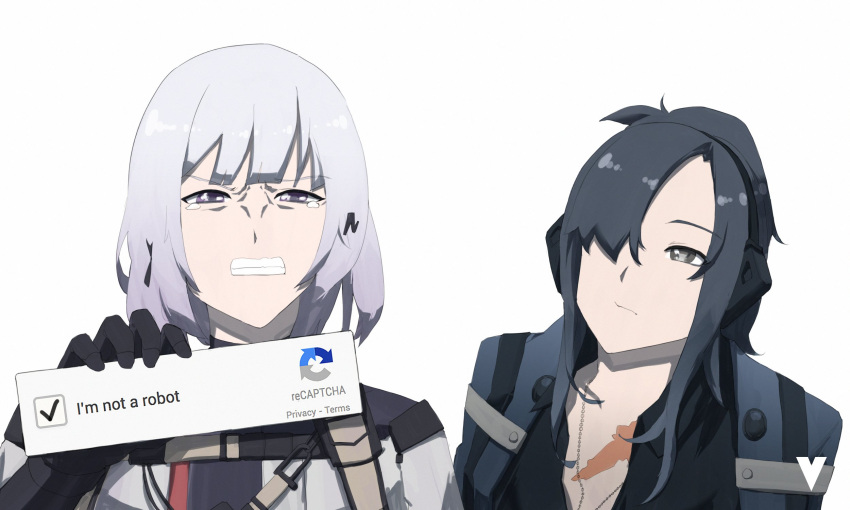 2girls angelia_(girls'_frontline) angry black_hair captcha crying crying_with_eyes_open english_text girls'_frontline grey_eyes grey_hair hair_over_one_eye highres i_am_a_surgeon_(meme) long_hair meme multiple_girls parody purple_eyes rpk-16_(girls'_frontline) scar scar_on_chest short_hair tactical_clothes tears the_good_doctor variasii
