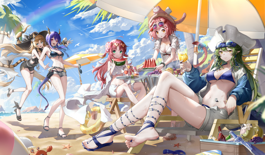 5girls :d :o :t absurdres ahoge animal_ears animal_on_head arknights bare_legs bare_shoulders barefoot_sandals basket beach beach_umbrella belt bikini bikini_top_only black_headwear black_one-piece_swimsuit blonde_hair blue_bikini blue_eyes blue_sky bottle breasts brown_headwear casual_one-piece_swimsuit cat cat_ears cat_girl cat_on_head cat_tail ch'en_(arknights) ch'en_the_holungday_(arknights) chair cleavage cloud coconut crab crossed_legs day dragon_girl dragon_horns dragon_tail earrings ears_through_headwear eating eyewear_on_head eyewear_removed flower folding_chair food fruit full_body gavial_(arknights) gavial_the_invincible_(arknights) gavial_the_invincible_(holiday)_(arknights) goldenglow_(arknights) goldenglow_(summer_flowers)_(arknights) green_eyes green_hair grey_shorts hair_flower hair_ornament hat heart heart-shaped_eyewear hibiscus highres holding holding_food holding_plate horns infection_monitor_(arknights) innertube jewelry laomotou large_breasts long_hair looking_at_viewer looking_back multiple_girls myrtle_(arknights) myrtle_(summer_flowers)_(arknights) navel official_alternate_costume on_head one-piece_swimsuit one_side_up open_clothes open_fly open_mouth open_shirt orange_eyes oripathy_lesion_(arknights) outdoors pink_flower plate pointy_ears purple_hair rainbow red_eyes red_hair sandals shirt short_shorts short_sleeves shorts single_sandal sitting sky smile starfish stomach sun_hat swimsuit swire_(arknights) swire_the_elegant_wit_(arknights) table tail thigh_strap tiger_ears tiger_girl tiger_tail umbrella very_long_hair watermelon watermelon_slice white_bikini white_headwear white_shirt white_shorts yellow_eyes