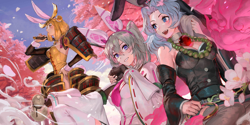3girls :d animal_ears arm_on_knee armor armored_leotard bead_necklace beads black_gloves black_leotard black_sleeves blonde_hair blue_eyes blue_hair blue_sky breasts cherry_blossoms cleavage closed_mouth detached_sleeves egawa_akira fake_animal_ears fingerless_gloves flower gem gloves grey_hair grey_thighhighs hair_between_eyes hair_bun hand_on_own_hip highres holding holding_gourd holding_sword holding_weapon jewelry joutouguu_mayumi katana kumoi_ichirin leotard light_blue_hair long_hair looking_afar looking_at_another medium_hair mononobe_no_futo multiple_girls necklace necktie non-web_source official_art outdoors parted_bangs petals pink_necktie playboy_bunny rabbit_ears rabbit_tail red_gemstone side_ponytail sky smile sword tail thighhighs touhou touhou_lost_word weapon white_flower white_leotard white_sleeves white_thighhighs wide_sleeves wrist_cuffs yellow_eyes yellow_leotard